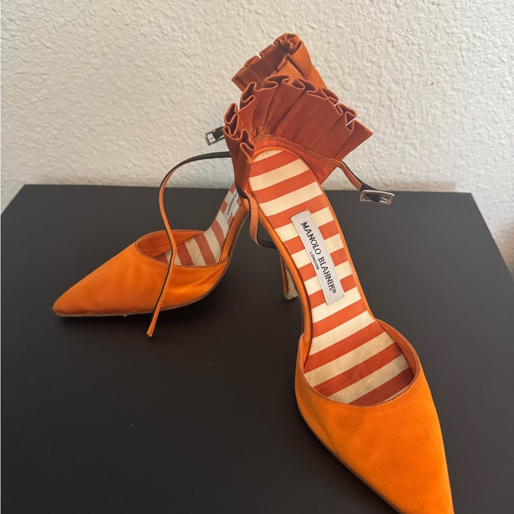 Manolo Blahnik Orange Stiletto Heels with Ankle Straps